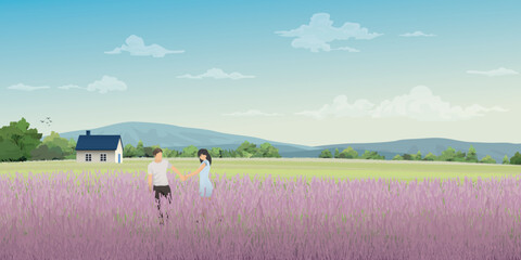 Couple of lover hands holding together at lavender fields on the hill have country houses and mountain range behind vector illustration.