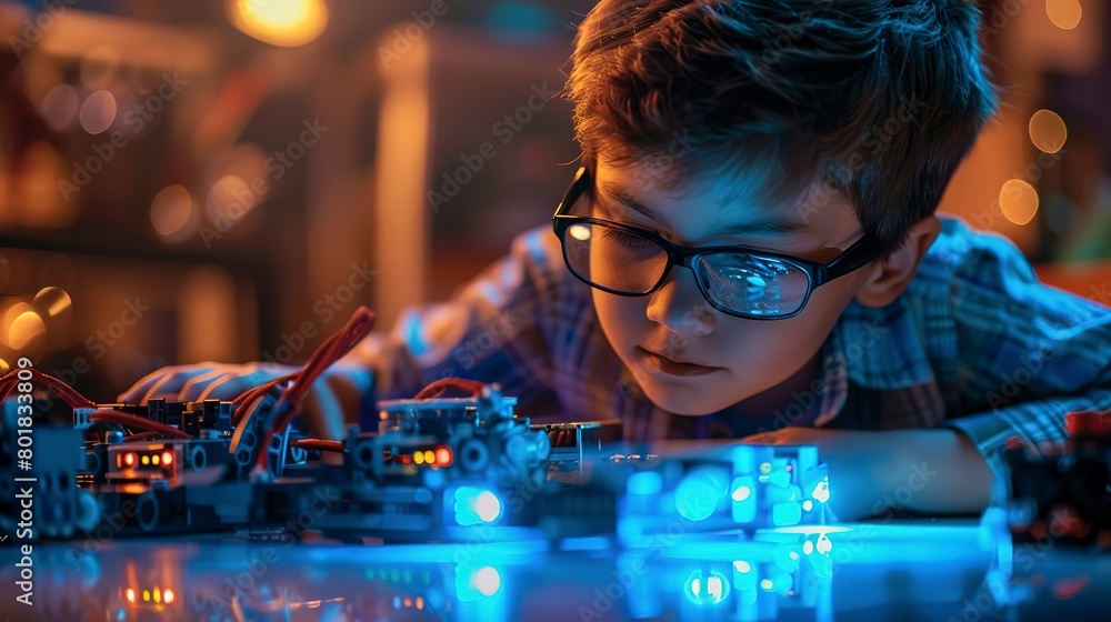 Poster student programming robotics kit, focused task light, side view, stem skills