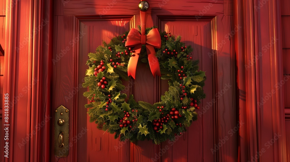 Wall mural animated 3d image of a holiday wreath hanging on a red door