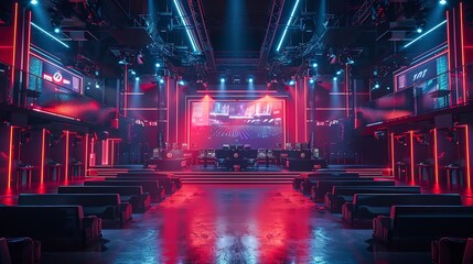 Esports tournament stage, dynamic lighting, wide angle, competitive spirit 