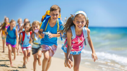 Group of children excitedly running on beach on a warm summer day