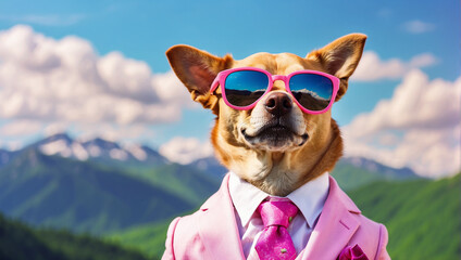 A small dog in a suit and sunglasses is standing in front of a mountainous landscape.

