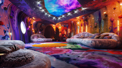 A ceiling adorned with graffiti depicting an otherworldly landscape, illuminated by LED lights...