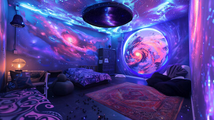 A bedroom ceiling transformed into a canvas of graffiti art depicting a cosmic journey through...