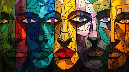 Cubist NFT crypto art of digital faces created by artificial intelligence . Concept Cubist Art, NFT, Crypto, Digital Faces, Artificial Intelligence