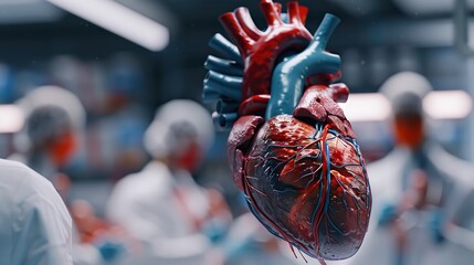 This is an image of a 3D rendering of a human heart. It is being held up by a group of doctors who are wearing surgical gowns and masks. The heart is blue and red and has many blood vessels.