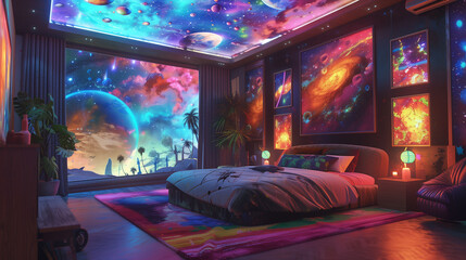 A bedroom ceiling transformed by graffiti art into a psychedelic dreamscape, with LED lights casting a celestial glow, while a soft, colorful rug offers a cozy spot to admire the cosmic panorama.