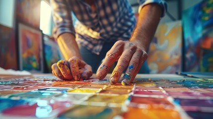 Obraz premium Graphic designer selecting colors, bright daylight, eye-level, palette perfection