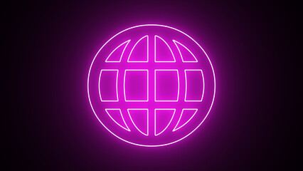 Purple neon pictogram for a webpage. World web icon, www earth globe icons .com, internet symbol for your logo, app, or website design. Contact icons on a website
