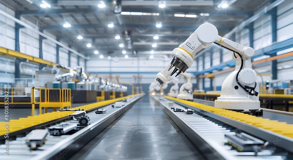 Poster robotic arm operating in a highly automated industrial factory setting