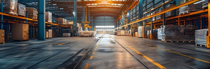Obraz premium Large Empty Warehouse Facility with Shelves and Cargo Boxes for Logistics and Distribution