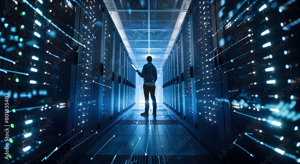 Poster high tech data center with rows of illuminated server racks in dark environment