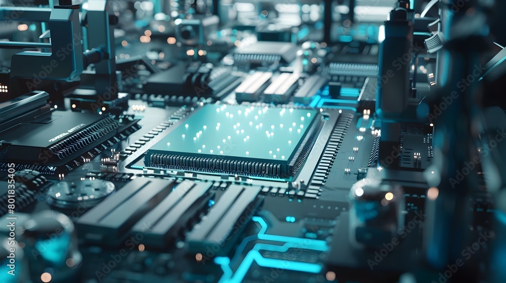 Poster circuit board close up with intricate electronic components and microchips showcasing cutting edge t