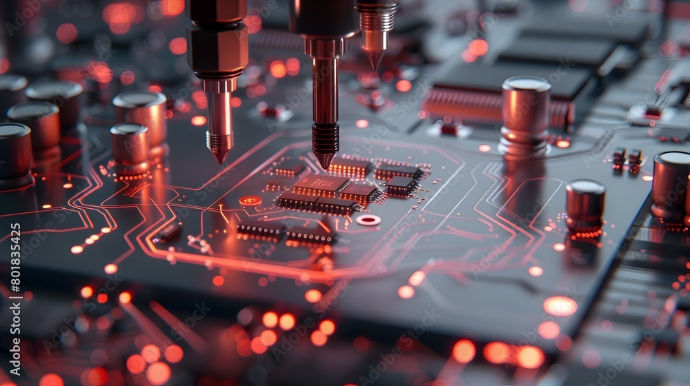 Poster intricate circuit board with glowing red lights illuminating technological complexity