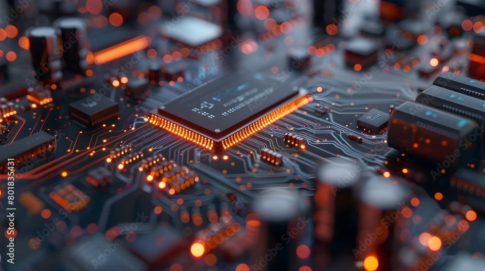 Poster intricate digital circuit board with glowing technological elements