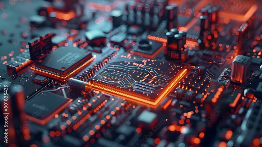 Poster intricate circuitry and interconnected electronics on a high tech motherboard showcasing sophisticat