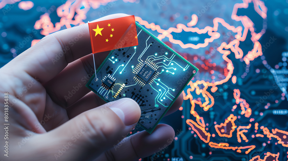Aufkleber a hand holding a microchip with a chinese flag overlay in front of a digital map of asia