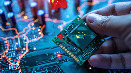 Person holding a microchip over a circuit board with electronic components in a dimly lit environment