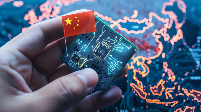 A hand holding a microchip with a Chinese flag overlay in front of a digital map of Asia