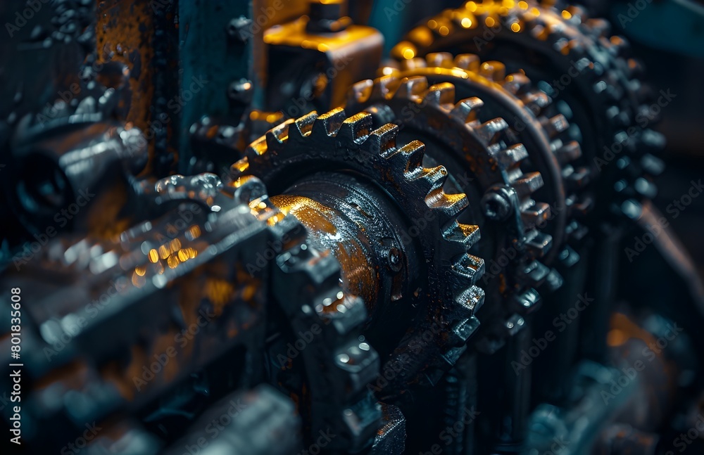 Poster intricate metallic gears and cogs forming complex machinery