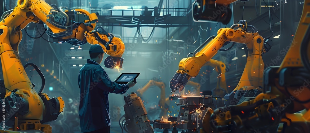 Poster futuristic factory workflow with automated robotic manufacturing equipment
