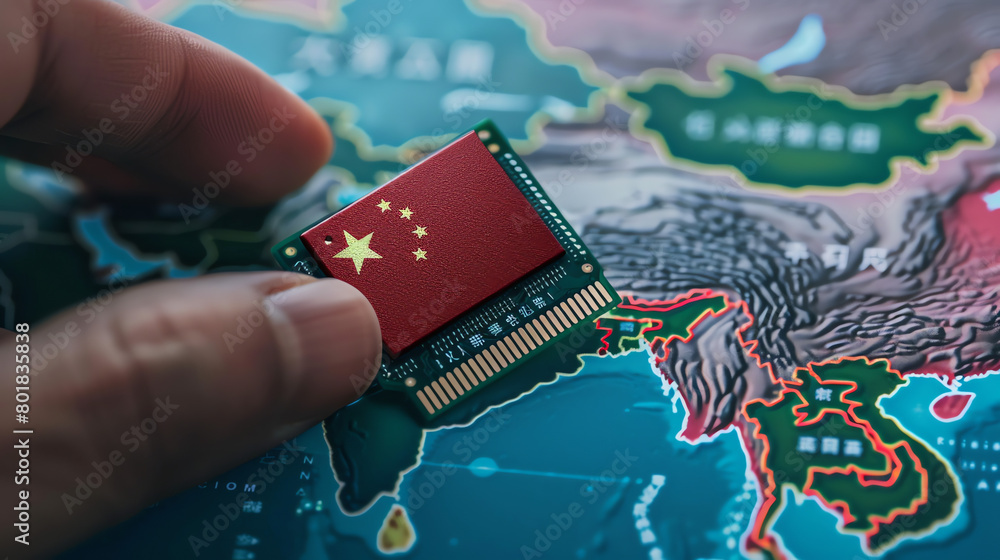 Poster a hand holds a computer chip featuring the chinese flag over a map of asia, highlighting technology 