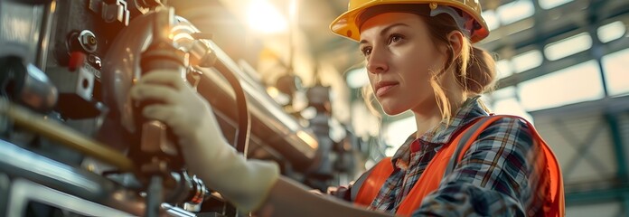 Skilled Female Worker Operating Industrial Machinery at Manufacturing Plant