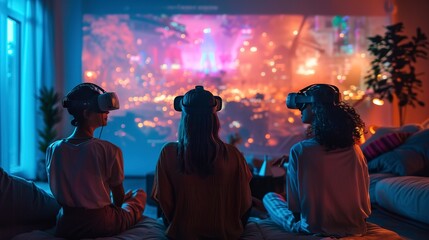 Fototapeta premium Mixed reality collaboration meeting, cozy office glow, group perspective, spatial computing 