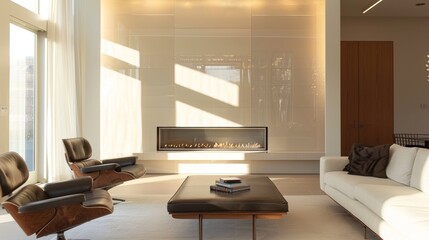 The simple but effective design of the reflective fireplace surround elegantly complements the rest of the room. 2d flat cartoon.