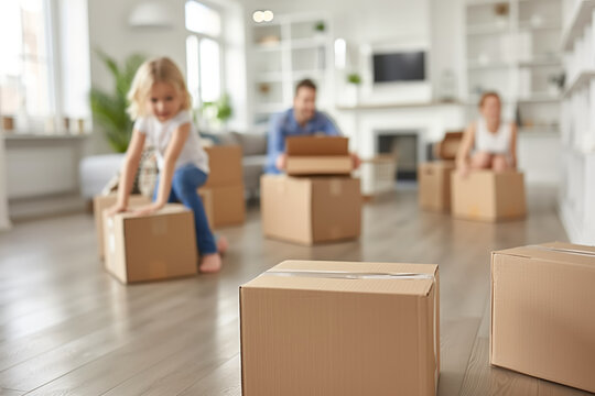 Group of people moving boxes in a living room