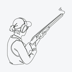 Continuous one line drawing of female athlete in shotgun shooting sport. rear view of a woman wearing earmuffs, a hat and holding a weapon. editable stroke. vector illustration. © Irkhamsterstock