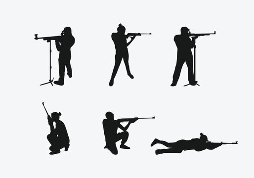 rifle shooting sport silhouette collection set. shooting competition, air rifle. vector illustration.