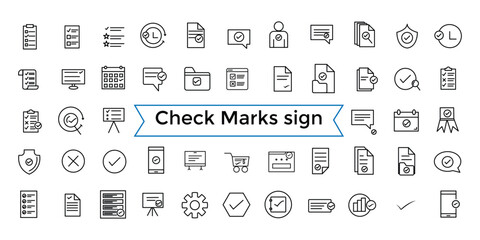 Check Marks sign line web icon set. Contains such Icons as confirm, approved, check list, warranty and more. Outline icons pack. Icon collection. Editable vector icon and illustration.