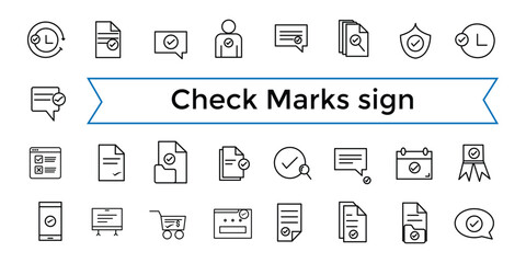 Check Marks sign line web icon set. Contains such Icons as confirm, approved, check list, warranty and more. Outline icons pack. Icon collection. Editable vector icon and illustration.