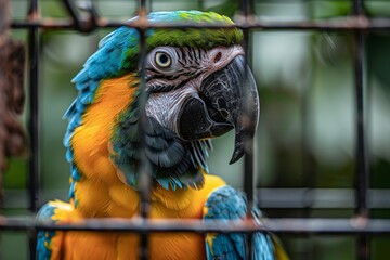 A beautiful parrot in a cage. The concept of caring for a bird, a pet. The pet is locked in a cage