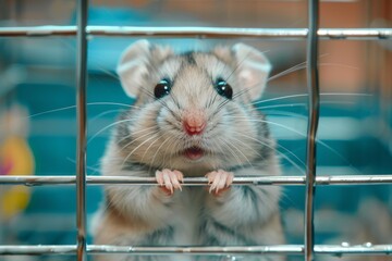 Obraz premium A beautiful hamster in a cage. The concept of caring for a rodent, a pet. The pet is locked in a cage