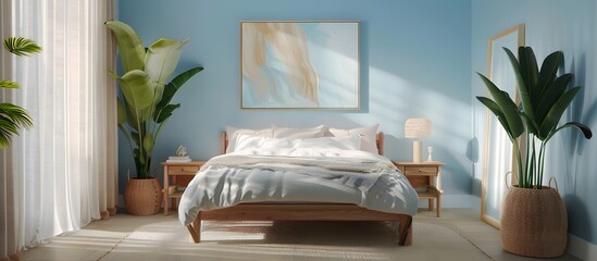 bedroom with light blue walls, wooden furniture and pastel colors, a bed in the center of the room with soft bedding and pillows, two large plants on each side