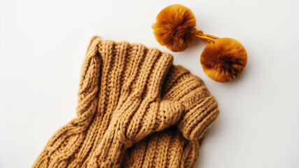Cozy knitted woolen scarf and hat with pompoms in a warm caramel color, displayed on a white background.