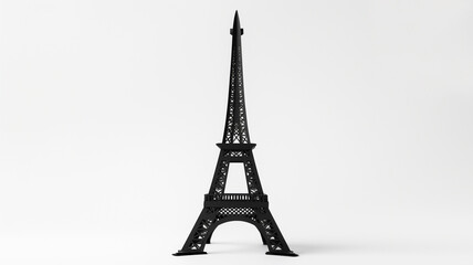 Miniature model of the Eiffel Tower in black, showcasing intricate metalwork and architectural design on a plain white background.