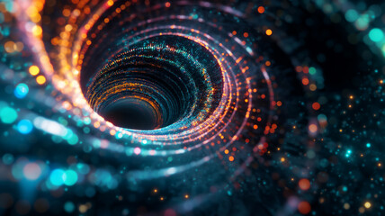 Surreal image of a sparkling vortex tunnel with vibrant blue and orange lights, creating a mesmerizing visual effect of depth and motion.