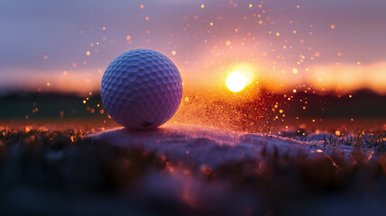 A golf ball on frosty ground at sunrise, with sparkling frost particles highlighted by the warm glow of the sun.
