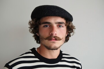 A portrait of a typical young French man in a striped black and white sweater, a beret, and with a mustache, against a white background. 