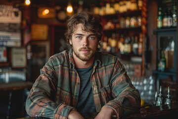 Fototapeta premium An atmospheric portrait of a typical young handsome red-haired Irish man in an Irish pub.
