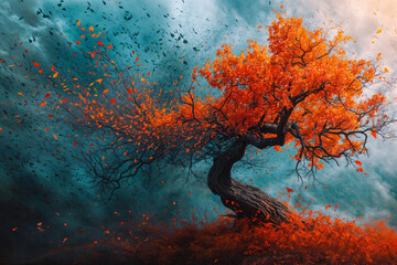 Abstract Autumn Tree Against Dark Turbulent Sky: A Representation of Change and Resilience