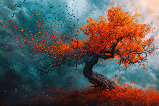 Abstract Autumn Tree Against Dark Turbulent Sky: A Representation of Change and Resilience