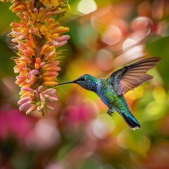 Fototapeta premium A hummingbird is perched on a flower, drinking nectar