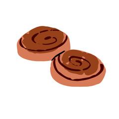 Cinnamon roll with sticky frosting. Baked swirls with chocolate icing. Homemade Danish buns. Bakery food, pastry, flour dessert. Bakehouse menu. Flat isolated vector illustration on white background