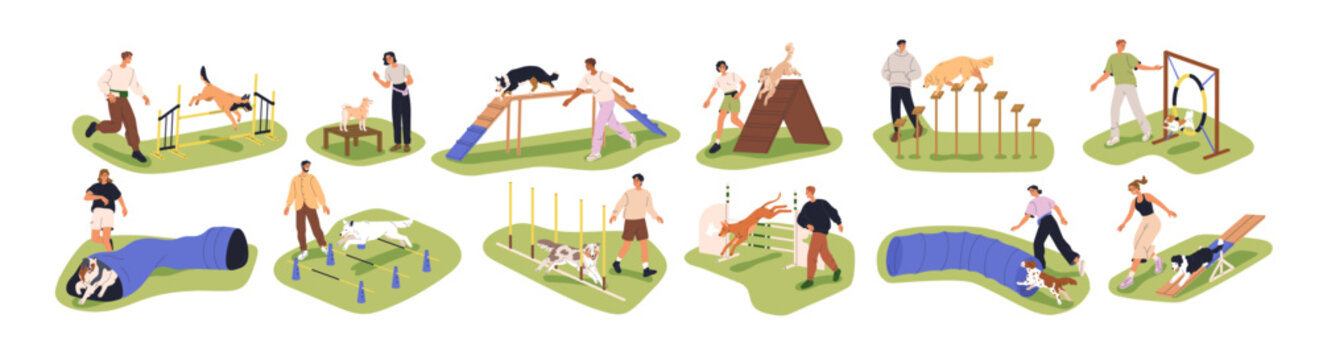 Dog agility training outdoors. Canine exercising, jumping hurdles, running through tunnel. Puppies, obstacle equipment at playground. Flat graphic vector illustrations set isolated on white background