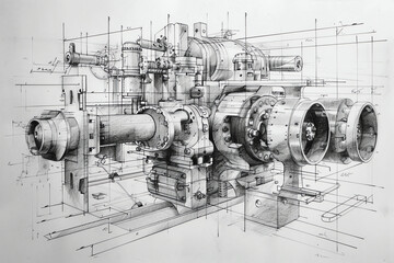 Technical drawing of a complex engine with detailed schematics and labeled components