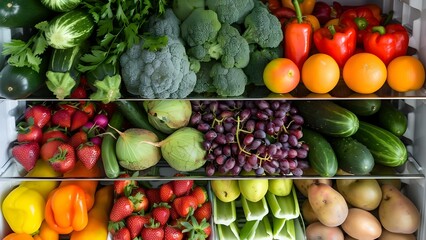 Colorful fruits and vegetables neatly arranged in a fridge promoting healthy eating . Concept Food Styling, Healthy Eating, Kitchen Organization, Fresh Produce, Nutrition Benefits